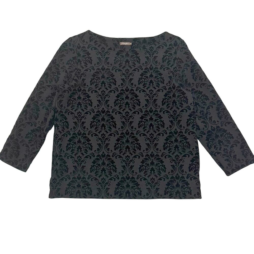 J. McLaughlin Black Velvet Floral Top Blouse Bateau Neck 3/4 Sleeve Womens Small